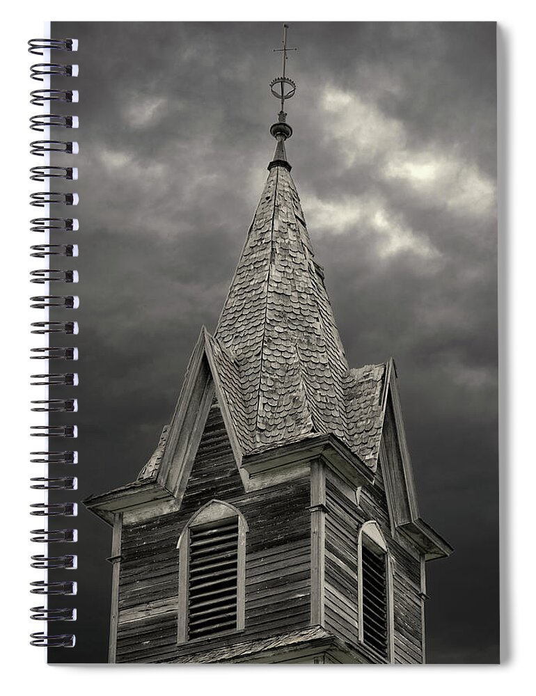 East Norway Lutheran Spiral Notebook featuring the photograph East Norway Lutheran Church Steeple - abandoned church in Nelson county ND by Peter Herman