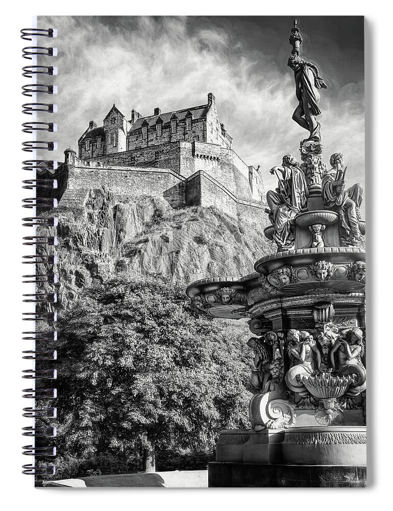 Edinburgh Castle Spiral Notebook featuring the photograph Edinburgh Castle and Ross Fountain Edinburgh Scotland Black and White by Carol Japp