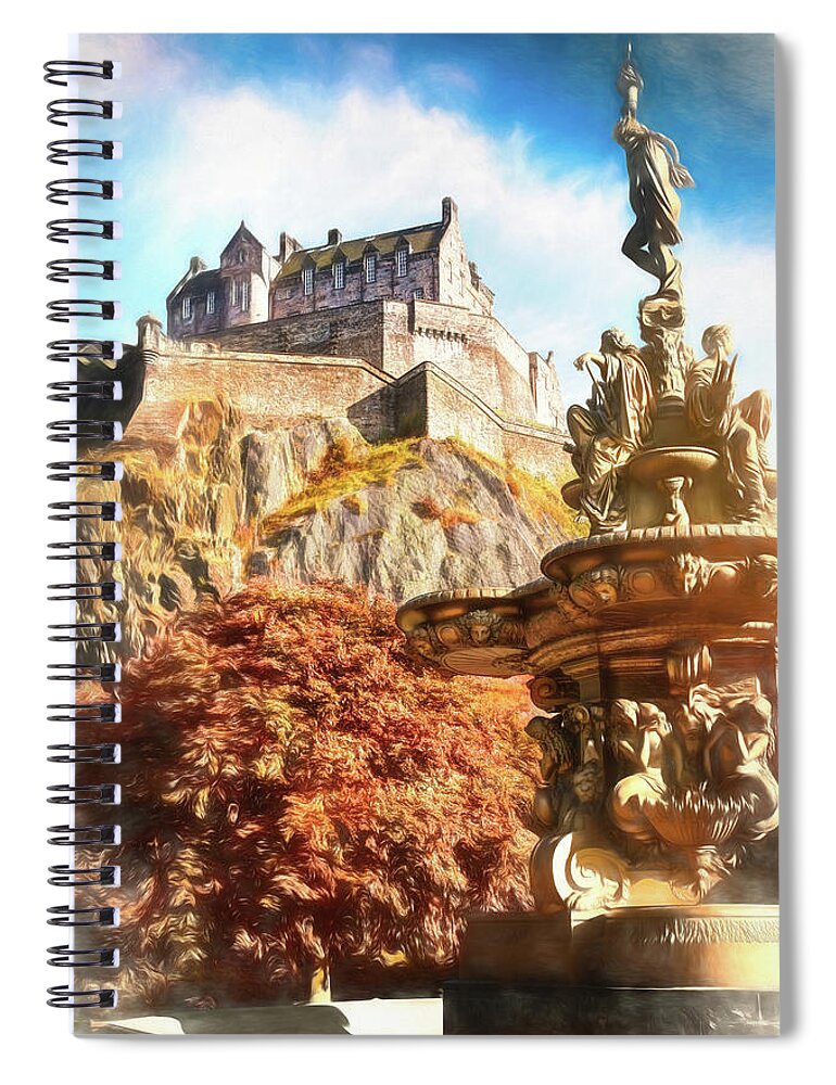 Edinburgh Castle Spiral Notebook featuring the photograph Edinburgh Castle and Ross Fountain Edinburgh Scotland Painterly by Carol Japp