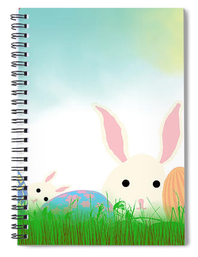 Rabbit Spiral Notebook featuring the mixed media Eggs and Bunnies by Moira Law
