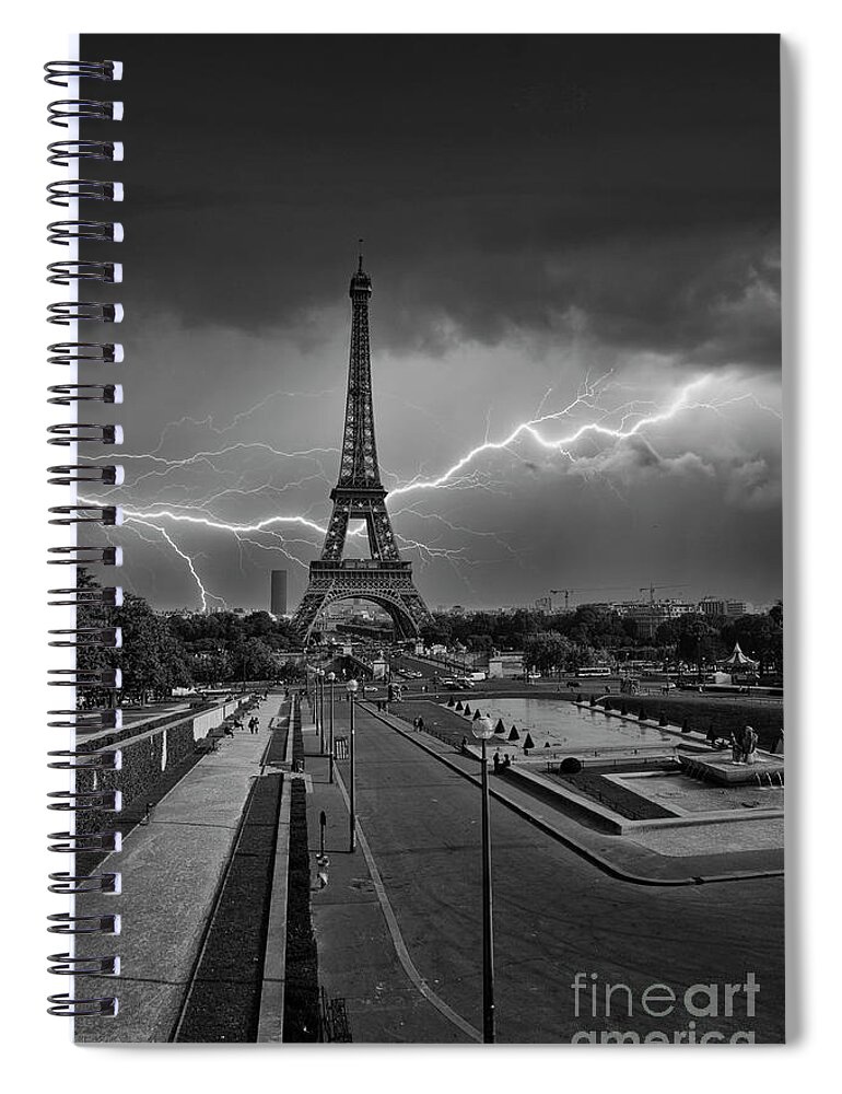 Paris Spiral Notebook featuring the photograph Eiffel Tower Lightning Paris BW by Chuck Kuhn