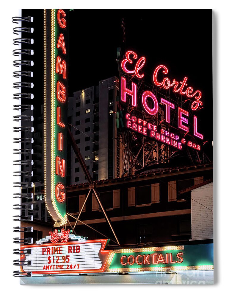 El Cortez Hotel Spiral Notebook featuring the photograph El Cortez Casino Fremont Street Neon Signs at Night by Aloha Art