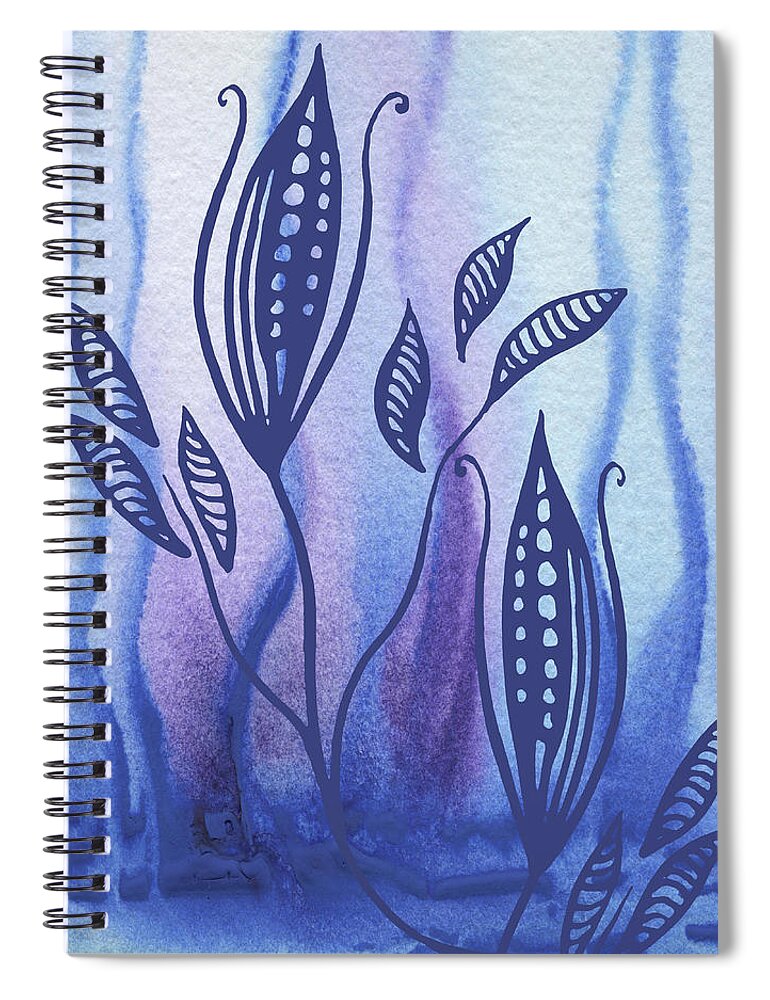 Floral Pattern Spiral Notebook featuring the painting Elegant Pattern With Leaves In Blue And Purple Watercolor II by Irina Sztukowski