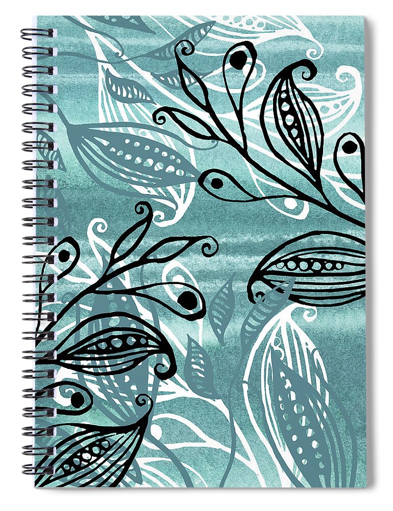 Pods Spiral Notebook featuring the painting Elegant Pods And Seeds Pattern With Leaves Teal Blue Watercolor V by Irina Sztukowski