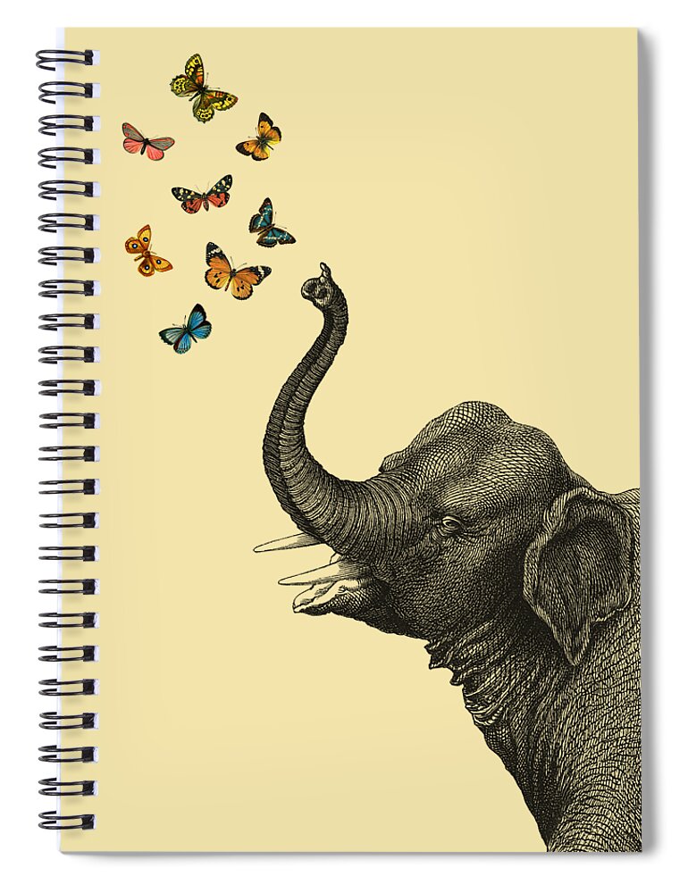 Elephant Spiral Notebook featuring the digital art Elephant blowing butterflies by Madame Memento
