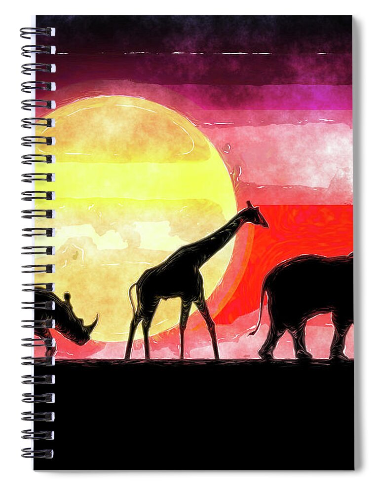 Elephant Spiral Notebook featuring the digital art Elephant Giraffe Rhinoceros by Phil Perkins