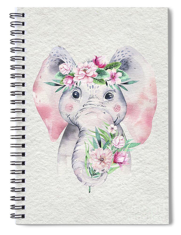 Elephant Spiral Notebook featuring the painting Elephant With Flowers by Nursery Art
