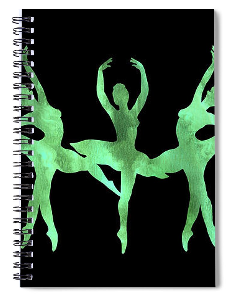 Ballerina Spiral Notebook featuring the painting Emerald Green Watercolor Ballerinas Silhouette On Black by Irina Sztukowski