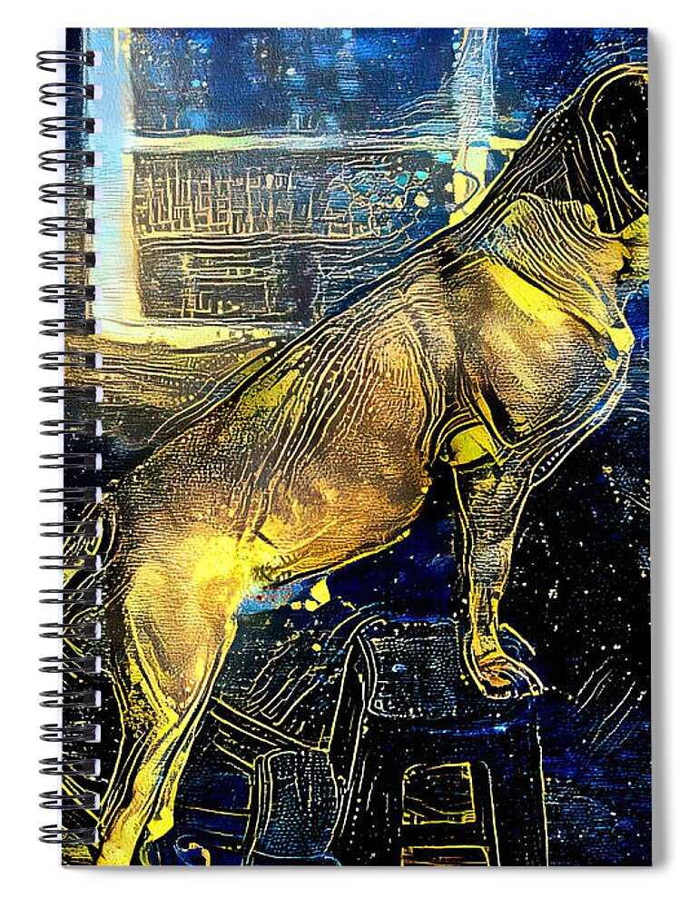 English Mastiff Spiral Notebook featuring the digital art English Mastiff climbing a ladder - starry blue with yellow colorful painting by Nicko Prints