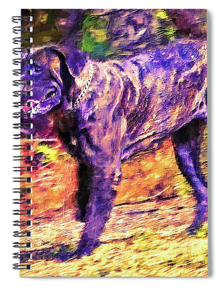 English Mastiff Spiral Notebook featuring the digital art English Mastiff running in the woods - digital painting by Nicko Prints