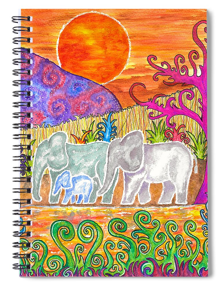 Elephants Spiral Notebook featuring the painting Evening Elephants by Gemma Reece-Holloway