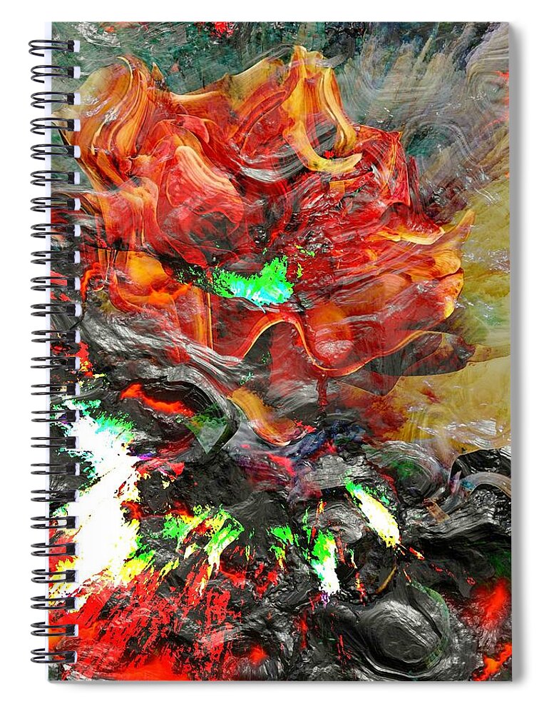 Rose Abstract Orange White Black Green Grey Yellow Flower Spiral Notebook featuring the digital art Exploding Rose by Kathleen Boyles