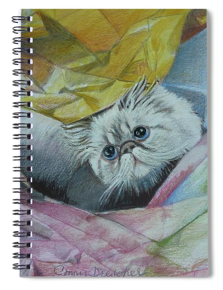 Cat Spiral Notebook featuring the mixed media Extending a Helpful Paw Opening Packages by Constance DRESCHER