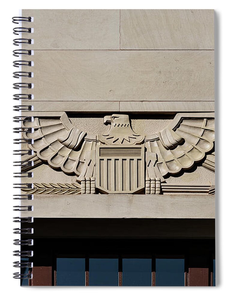 Us Symbol Spiral Notebook featuring the photograph US Symbol, El Paso Courthouse, Texas 1936. Exterior detail by Ikonographia - Carol Highsmith