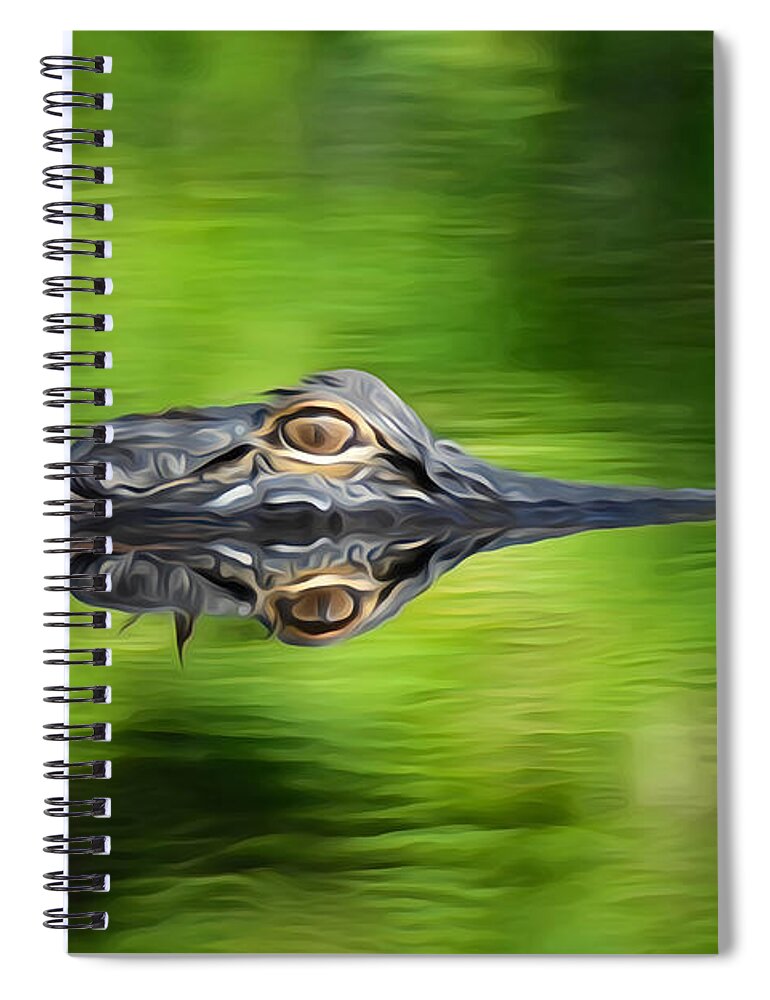 Alligator Gator Reflection Eye Scales Snout Ripple Water River Okefenokee Swamp Swim Glide Spiral Notebook featuring the digital art Eye on you by Ed Stokes