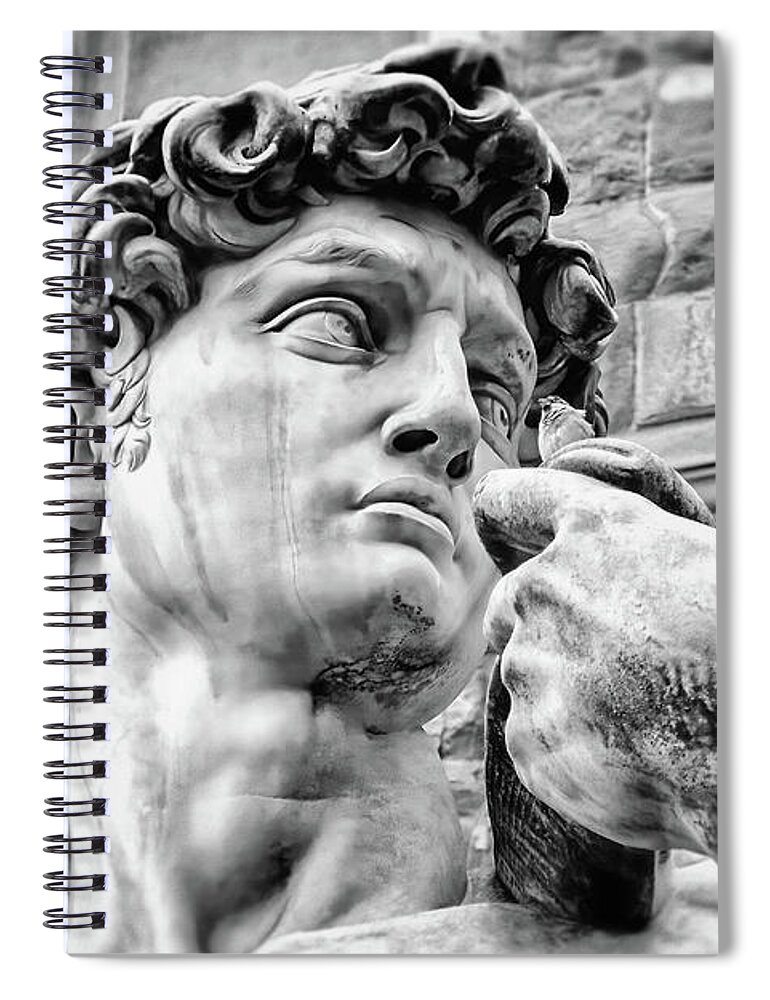 David Spiral Notebook featuring the photograph Face of David by Michelangelo Florence Italy Black and White by Carol Japp
