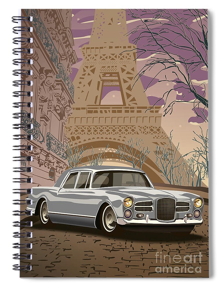 Art Deco Spiral Notebook featuring the digital art Facel Vega - Paris est a nous. Classic Car Art Deco Style Poster Print Grey Edition by Moospeed Art