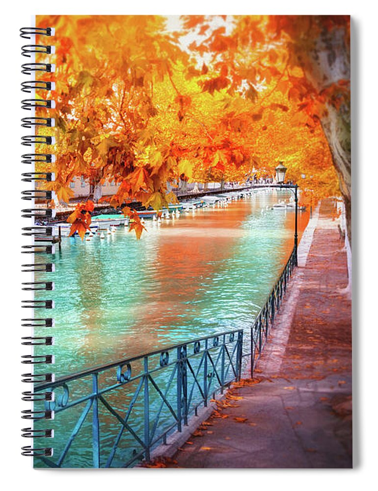 Annecy Spiral Notebook featuring the photograph Fall Colors of Canal du Vasse Annecy France by Carol Japp