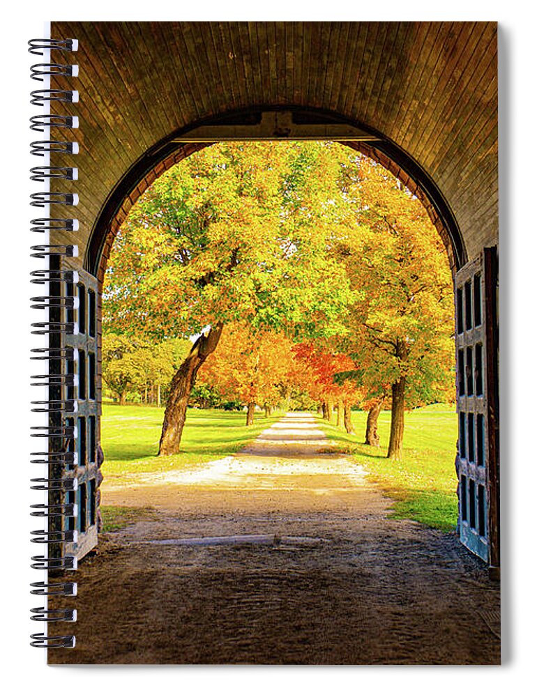 Arch Spiral Notebook featuring the photograph fall foliage view from historic Barn at Shelburne farms by Ann Moore