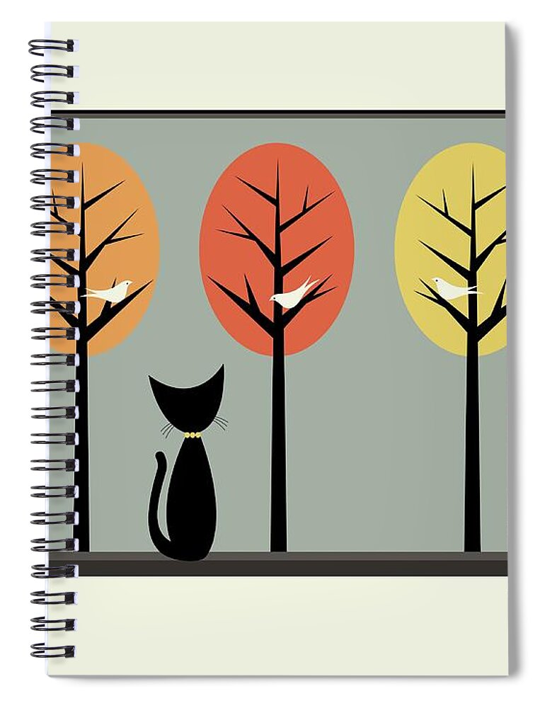 Spiral Notebook featuring the digital art Fall Window with Retro Curtains by Donna Mibus