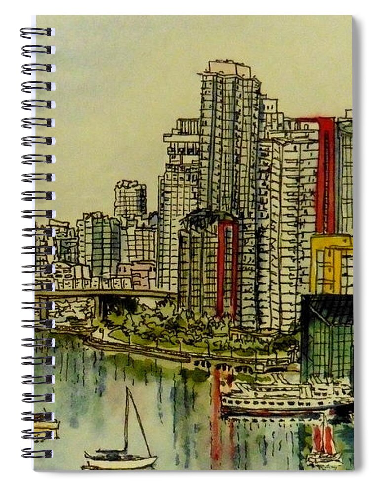 High Rises Spiral Notebook featuring the drawing False Creek by Sonia Mocnik