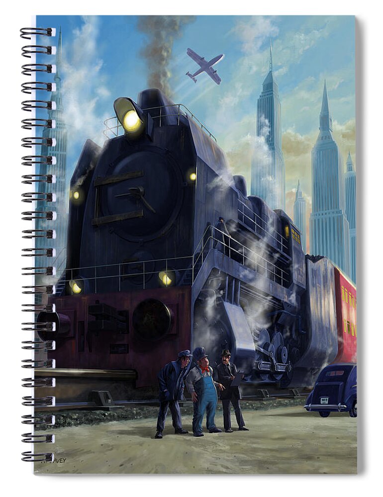 Train Spiral Notebook featuring the digital art Fantasy big railroad locomotive departing city by Martin Davey