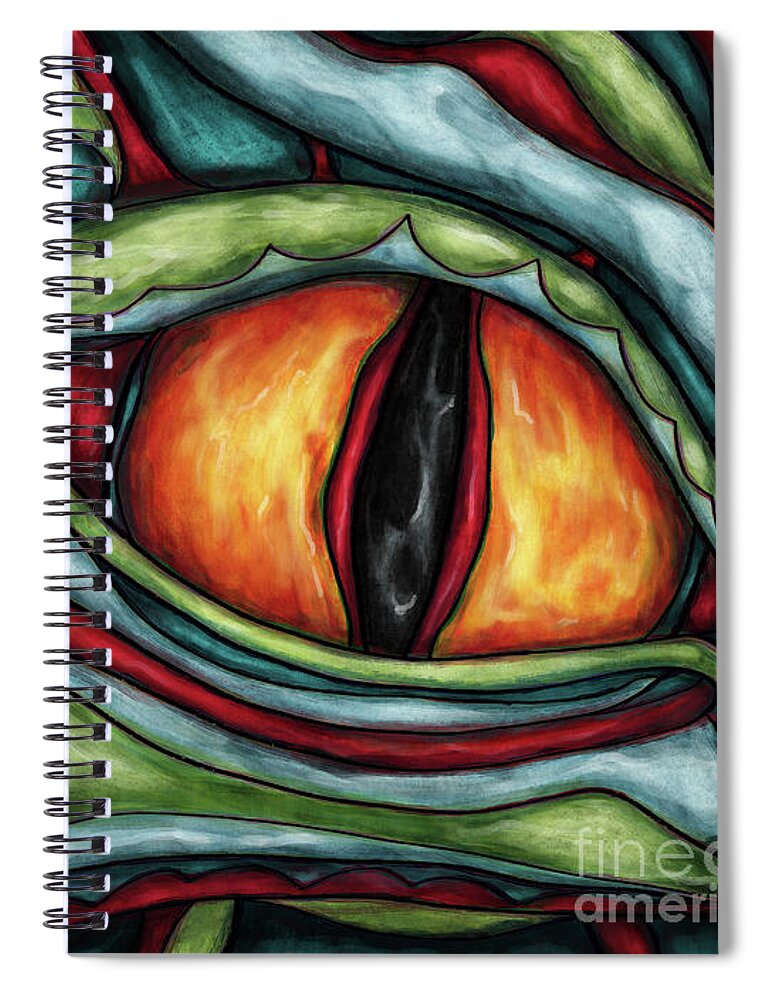 Green Dragon Spiral Notebook featuring the painting Fantasy dragon eye painting, green dragon by Nadia CHEVREL