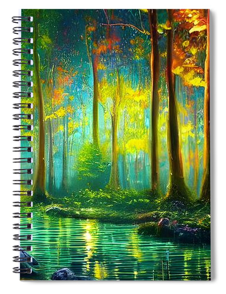 Digital Spiral Notebook featuring the digital art Fantasy Forest with Pond by Beverly Read