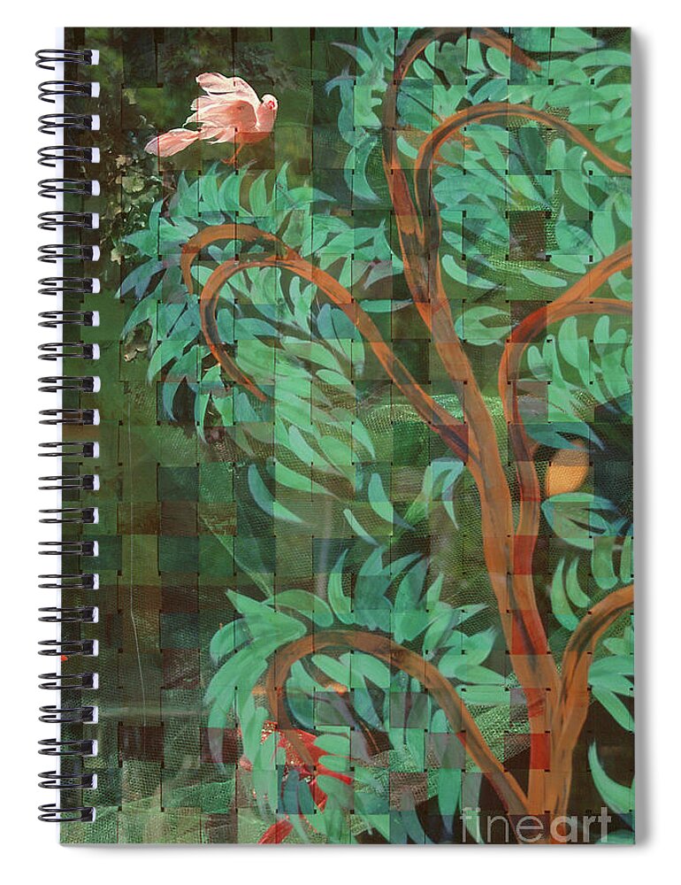 Fantasy Spiral Notebook featuring the painting fantasy landscape - Pink Bird Yellow Moon by Sharon Hudson