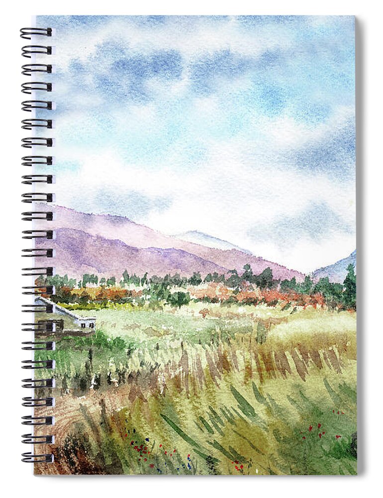 Barn Spiral Notebook featuring the painting Farm Barn Mountains Road In The Field Watercolor Impressionism by Irina Sztukowski