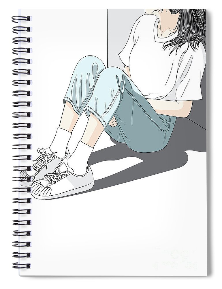 Graphic Spiral Notebook featuring the digital art Fashion Girl Sitting Against The Wall - Line Art Graphic Illustration Artwork by Sambel Pedes
