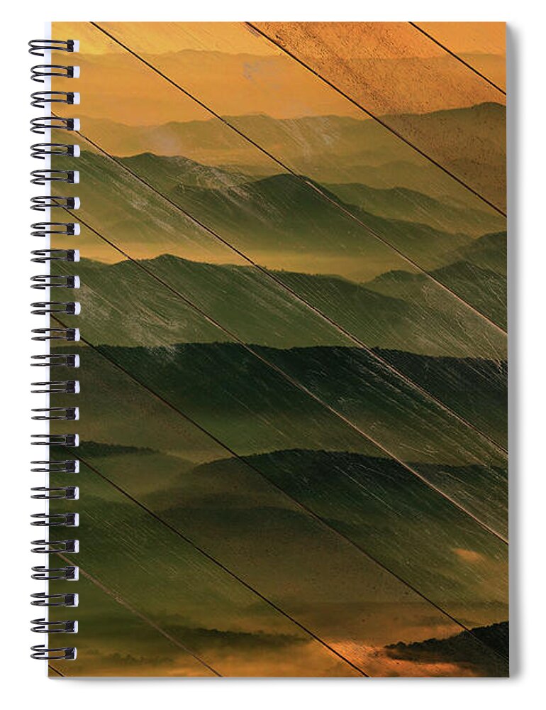 Art Spiral Notebook featuring the photograph Faux Wood Foggy Mountain Layers at Sunset Rural Landscape Photography by PIPA Fine Art - Simply Solid