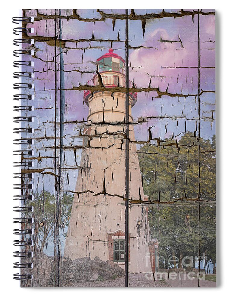 Lighthouse Spiral Notebook featuring the photograph Faux Wood Texture Marblehead Lighthouse at Sunset Coastal Landscape Photo by PIPA Fine Art - Simply Solid