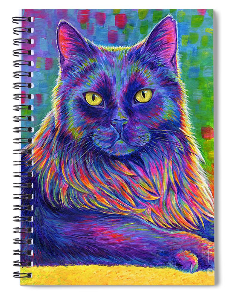 Cat Spiral Notebook featuring the painting Psychedelic Rainbow Black Cat - Felix by Rebecca Wang