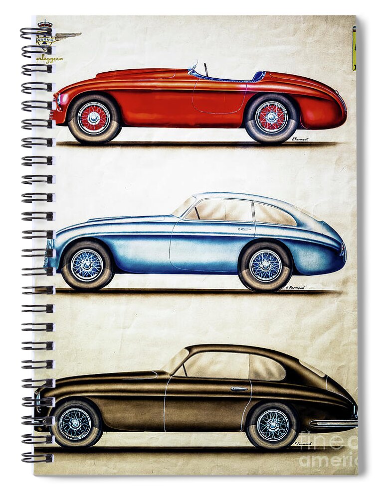 Ferrari 166 Spiral Notebook featuring the drawing Ferrari 166 Original Design Blueprint by M G Whittingham