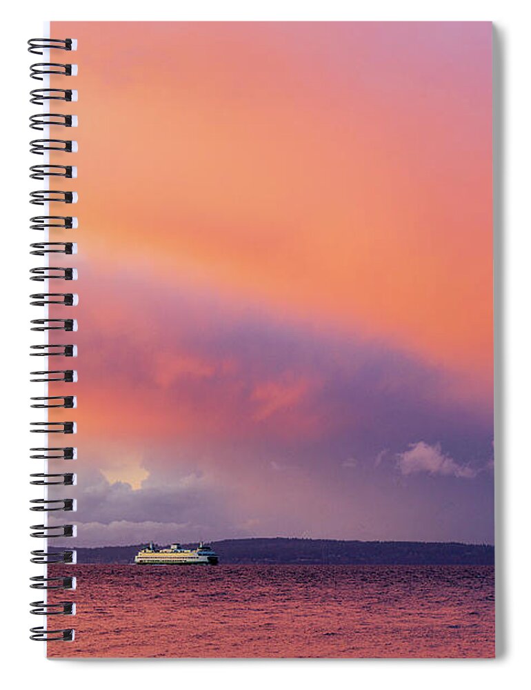 Outdoor; Colors; Bainbridge Island; Sunset; Twilight; Elliott Bay Spiral Notebook featuring the digital art Ferry in the sunset storm by Michael Lee