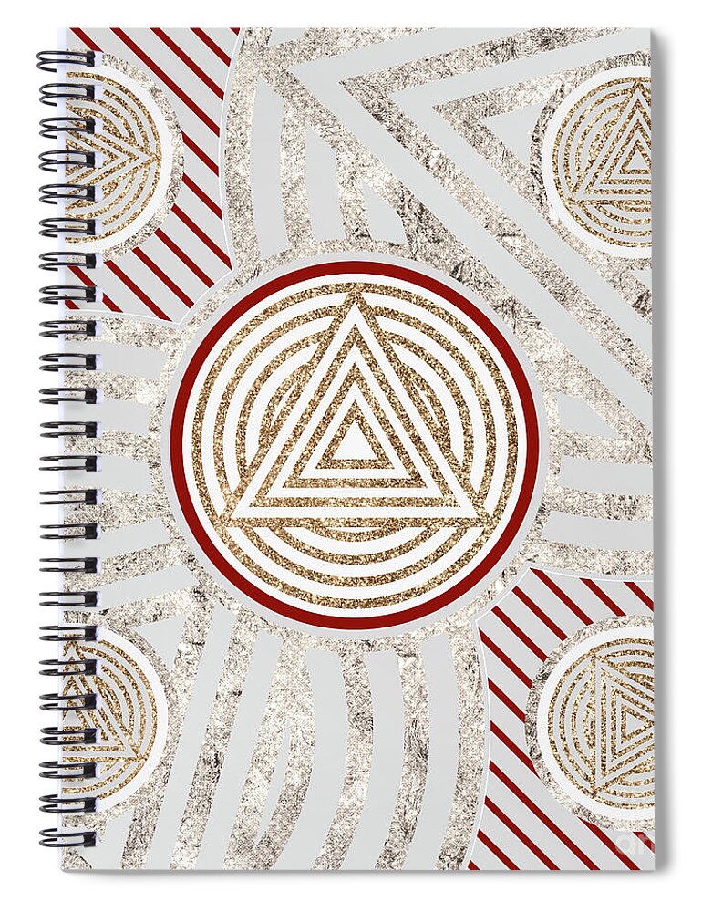 Abstract Spiral Notebook featuring the mixed media Festive Sparkly Geometric Glyph Art in Red Silver and Gold n.0087 by Holy Rock Design