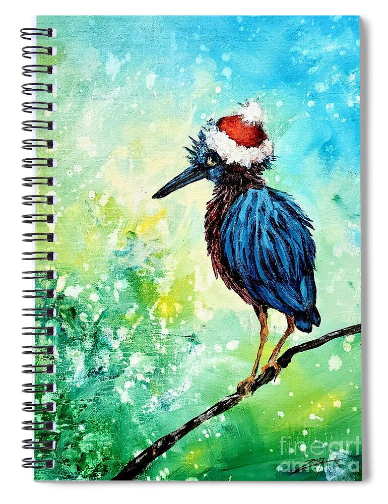Heron Spiral Notebook featuring the painting Festive Winter Heron by Zan Savage