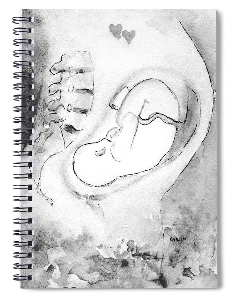 Pregnancy Spiral Notebook featuring the painting Fetus Scan Black and White by Carlin Blahnik CarlinArtWatercolor
