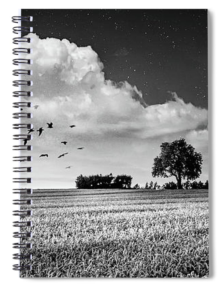 Panorama Spiral Notebook featuring the photograph Fields in Early Evening Nightfall Black and White Panorama by Debra and Dave Vanderlaan