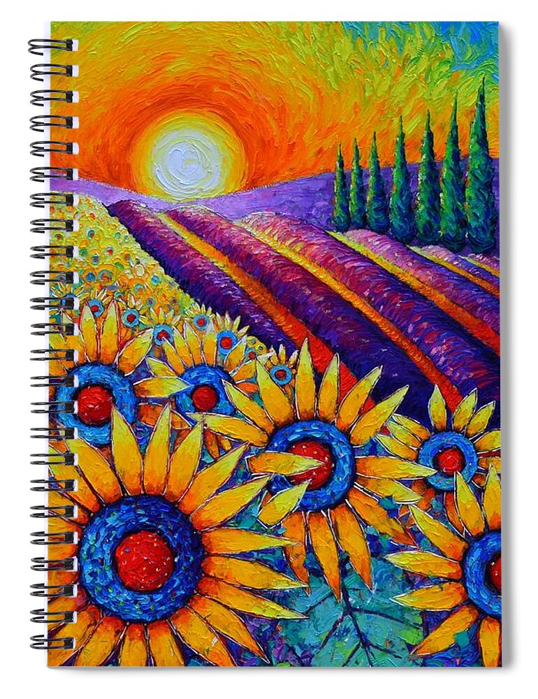 Sunflower Spiral Notebook featuring the painting FIELDS OF GOLD IN SUNRISE LIGHT commissioned painting sunflowers and lavender Ana Maria Edulescu by Ana Maria Edulescu