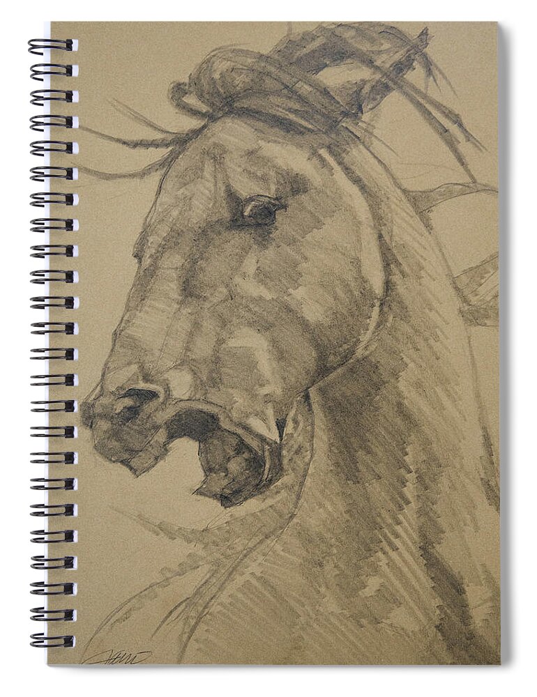 Wild Spiral Notebook featuring the drawing Fighting Mustang Stallion by Jani Freimann
