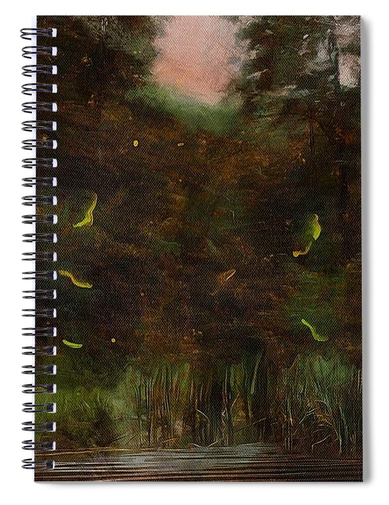 Firefly Spiral Notebook featuring the mixed media Fireflies at the Pond by Christopher Reed