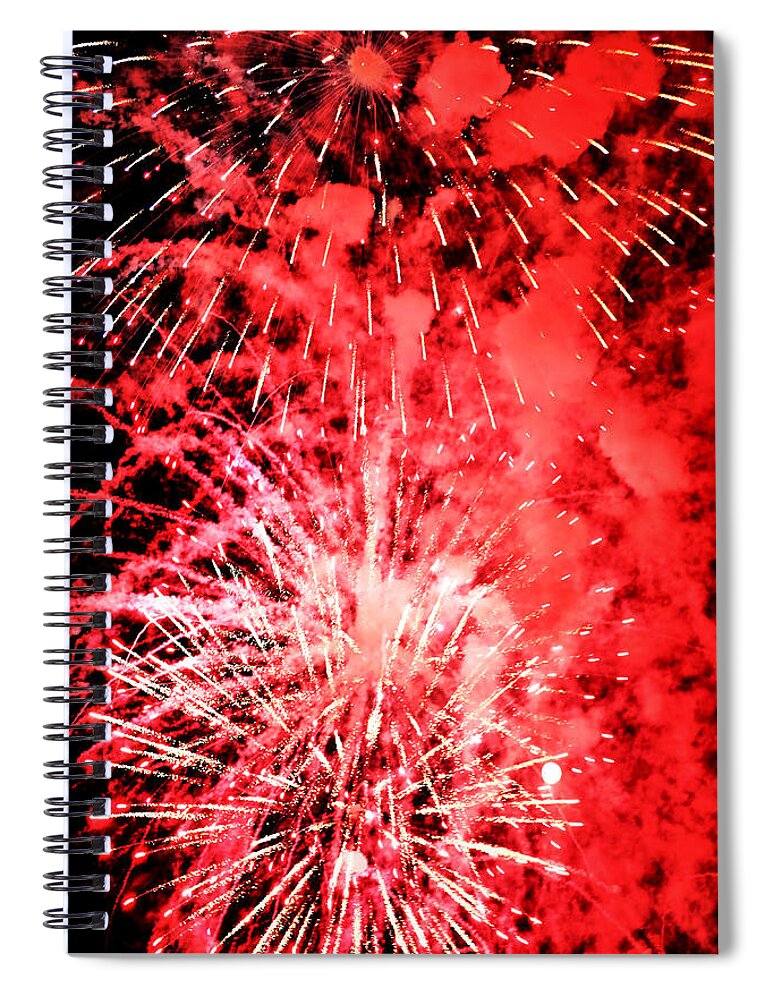 Fireworks Spiral Notebook featuring the photograph Fireworks on a Summer Night No.1 - Rocket Blossoms, Smoke Puffs, and a Plucky Little Moon by Steve Ember