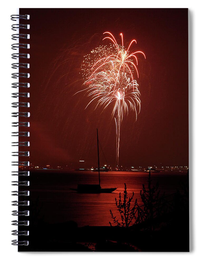 Fireworks Spiral Notebook featuring the photograph Fireworks over the Bay by Jim Feldman