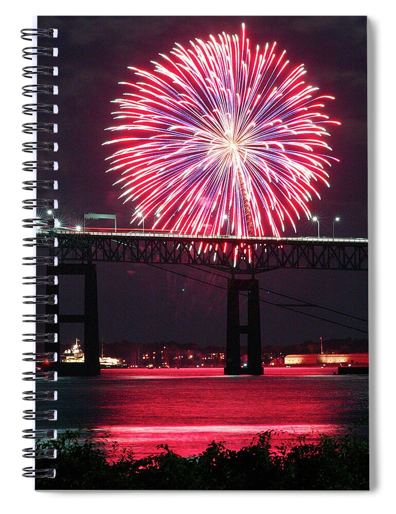 Fireworks Spiral Notebook featuring the photograph Fireworks over the Newport Bridge by Jim Feldman