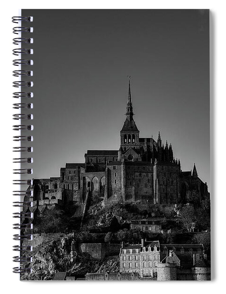 Mont Saint Michel Spiral Notebook featuring the photograph First Impressions Mont Saint Michel Normandy France BW by Wayne Moran