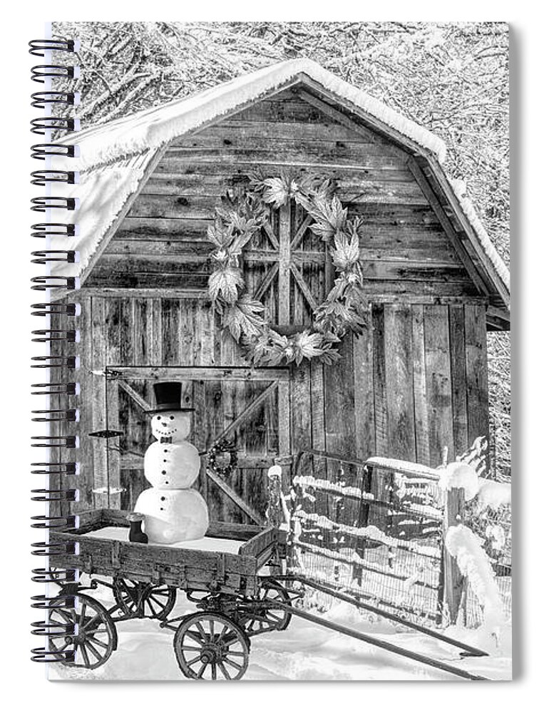 White Spiral Notebook featuring the photograph First Snowman of the Season Black and White by Debra and Dave Vanderlaan