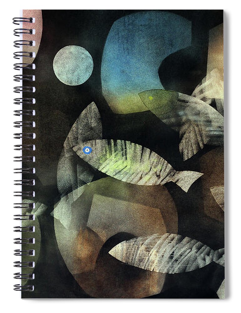 Abstract Spiral Notebook featuring the painting Fish Moon by Winston Saoli 1950-1995