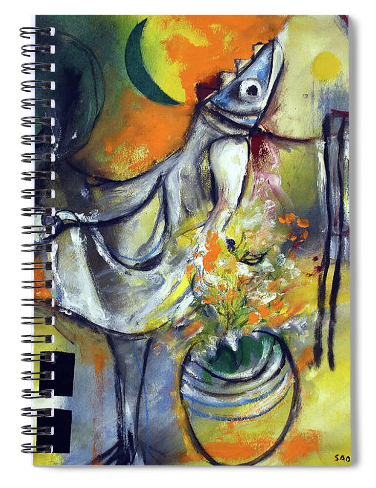 African Art Spiral Notebook featuring the painting Fishbirdman I am by Winston Saoli 1950-1995